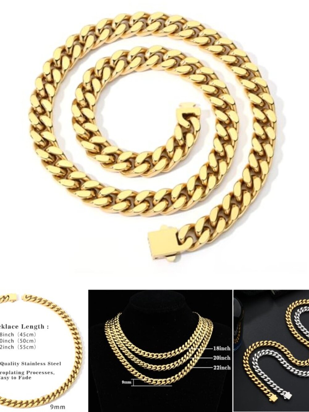 Mens Cuban Link Chain Stainless Steel 9mm Gold Plated Necklace 18in